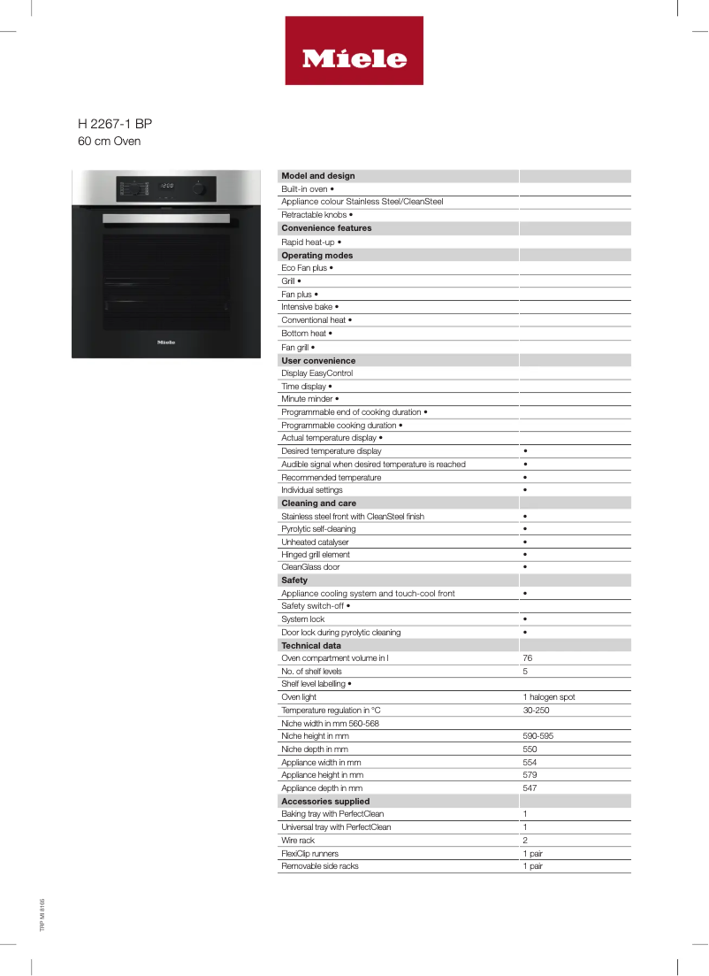 Página 1 del manual Ficha técnica Miele H 2267 BP Active
