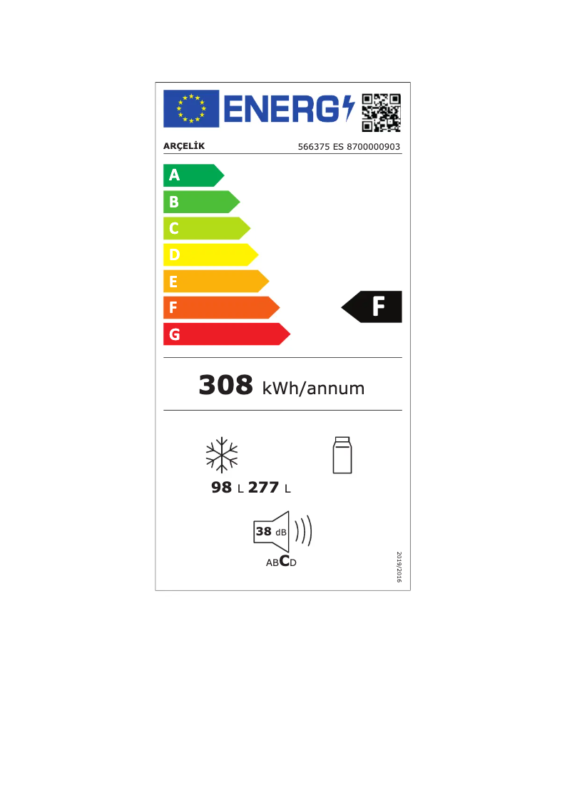 Page 1 de la notice Label énergétique Arçelik 566375 ES