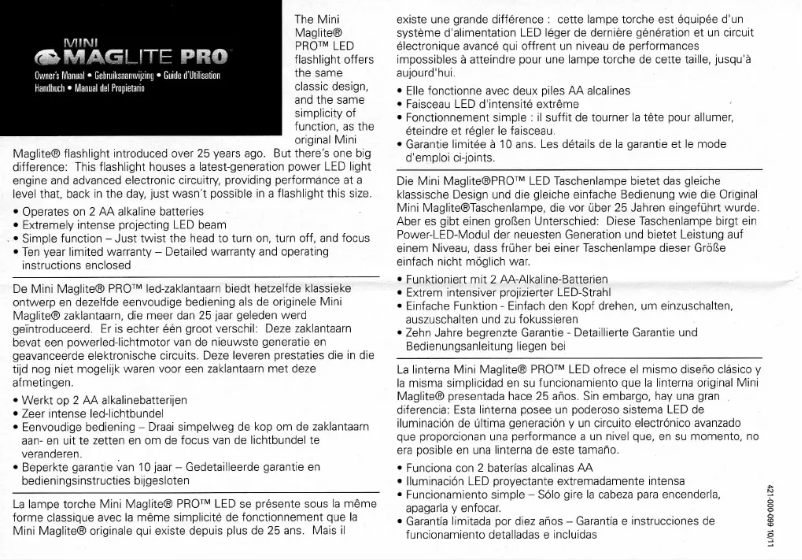 Page 1 de la notice Manuel utilisateur Maglite Mini Pro