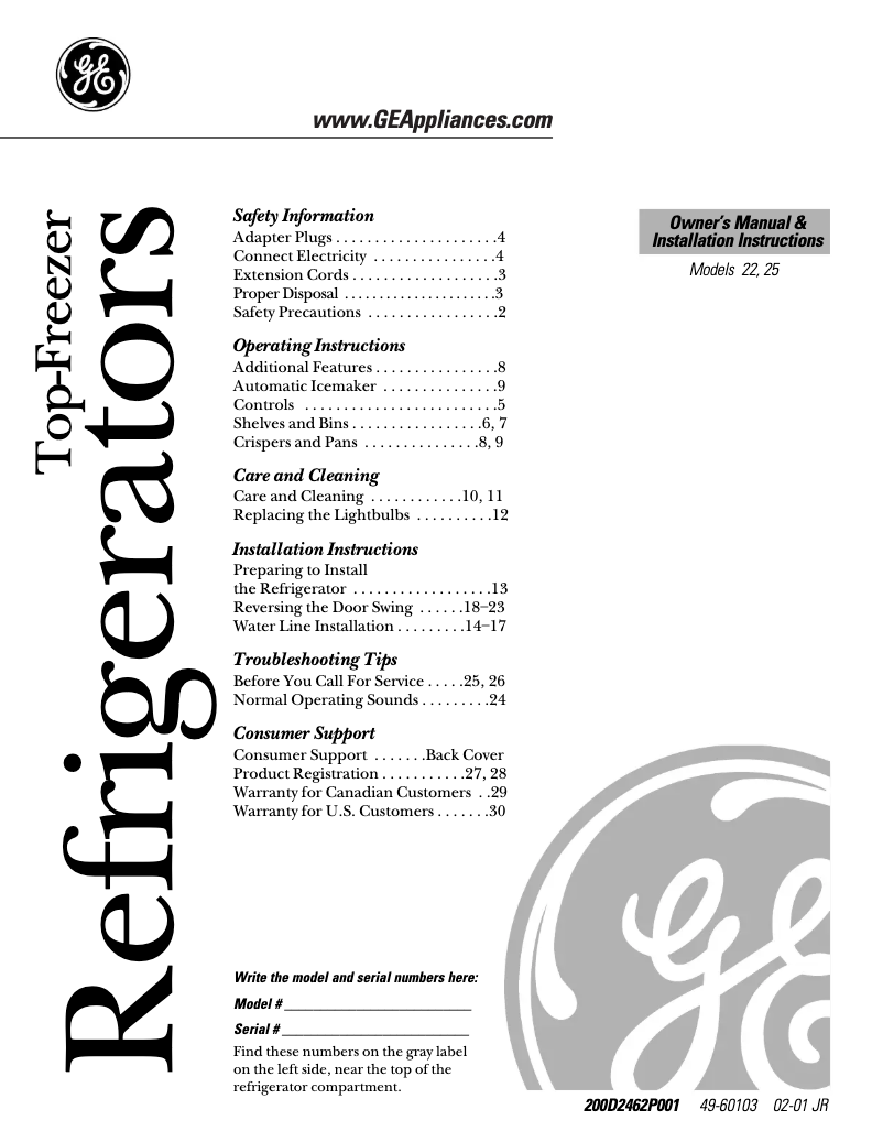 Page 1 of the manual Use and Maintenance Manual GE GTS22SBMBS