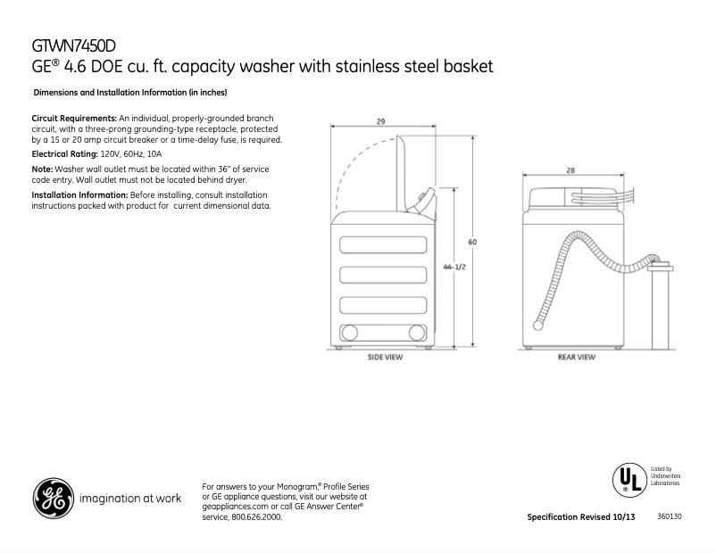 Page n°1 - Fiche technique GE GTWN7450DWW
