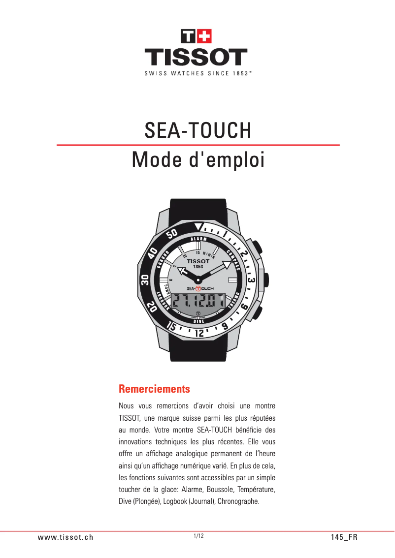 Page 1 de la notice Manuel utilisateur Tissot SEA-TOUCH in Feet
