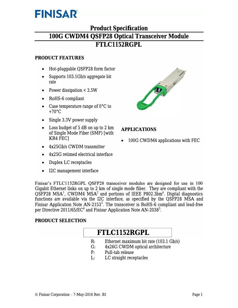 Page 1 de la notice Manuel utilisateur Finisar FTLC1152RGPL