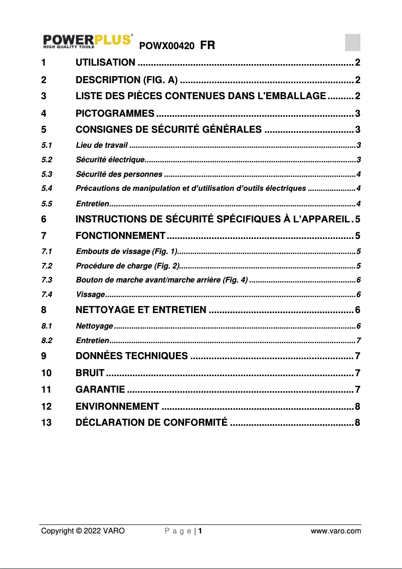 Page 1 de la notice Manuel utilisateur PowerPlus POWX00420
