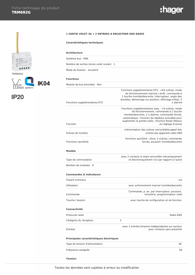 Page 1 de la notice Fiche technique Hager TRM692G