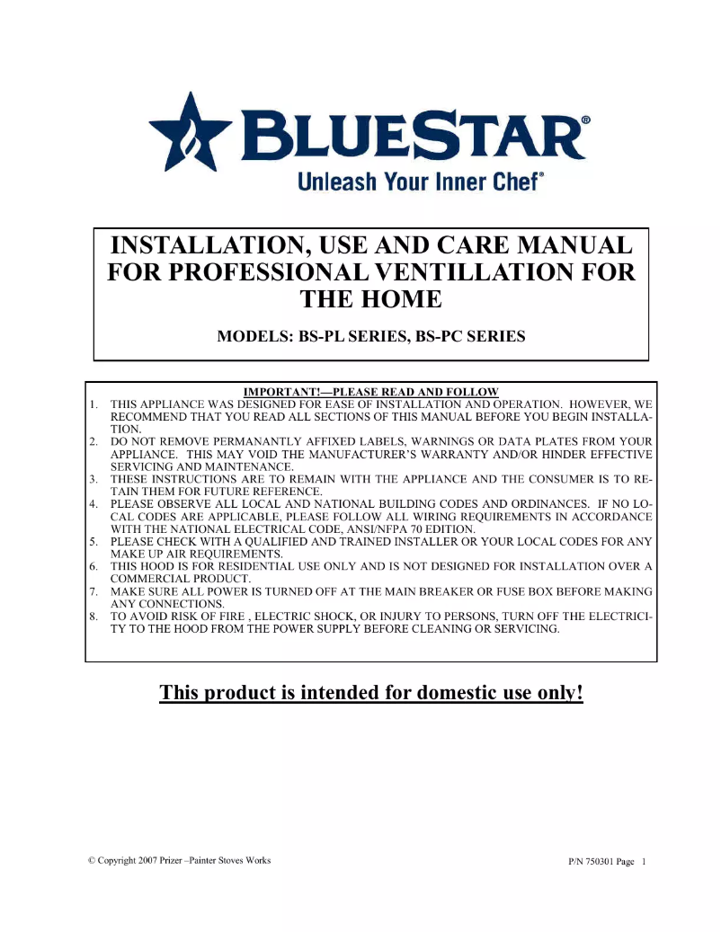 Página 1 del manual Guía de instalación BlueStar PL054ML