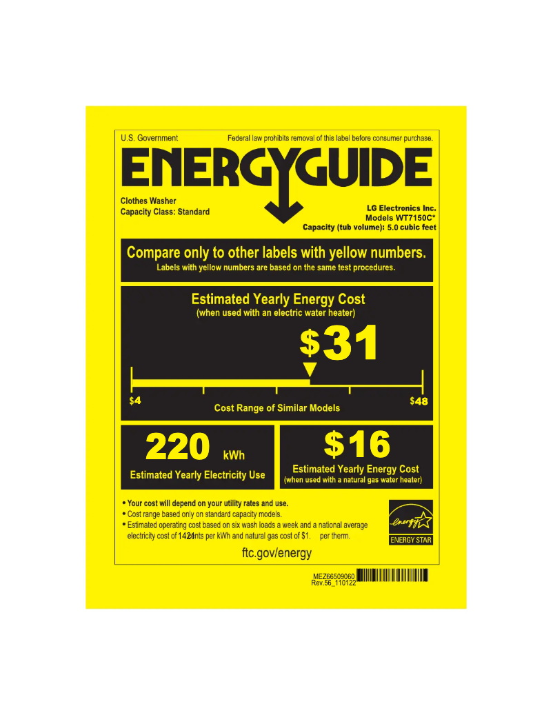 Page 1 de la notice Label énergétique LG WT7150CM