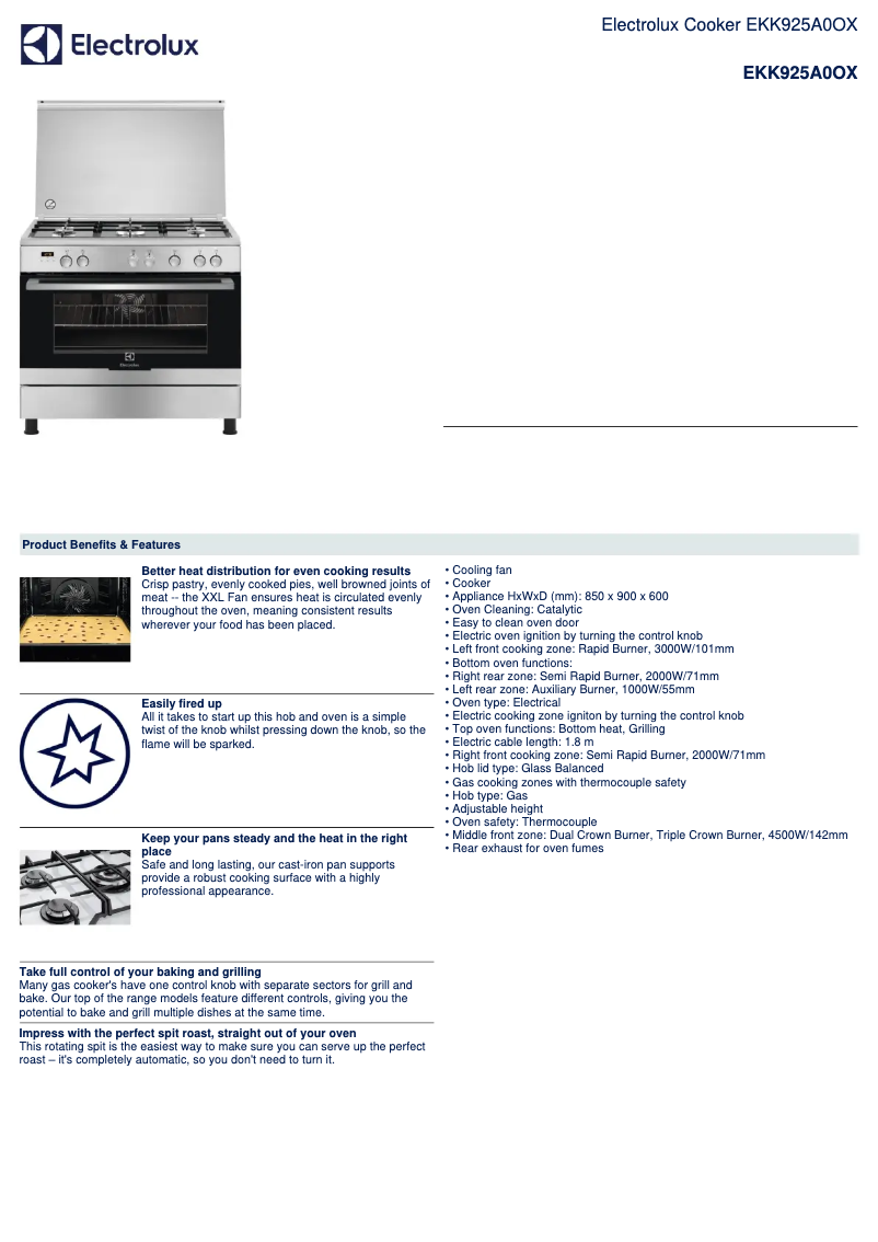 Page 1 de la notice Fiche technique Electrolux EKK925A0OX