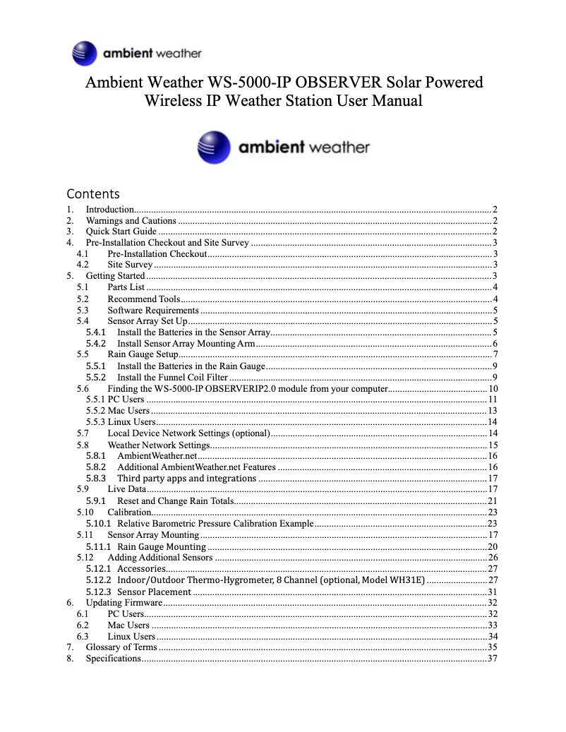 Page 1 de la notice Manuel utilisateur Ambient Weather WS-5000-IP
