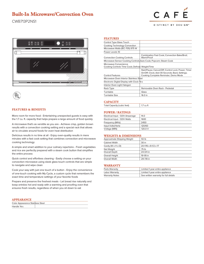 Page n°1 - Fiche technique GE CWB713P2NS1