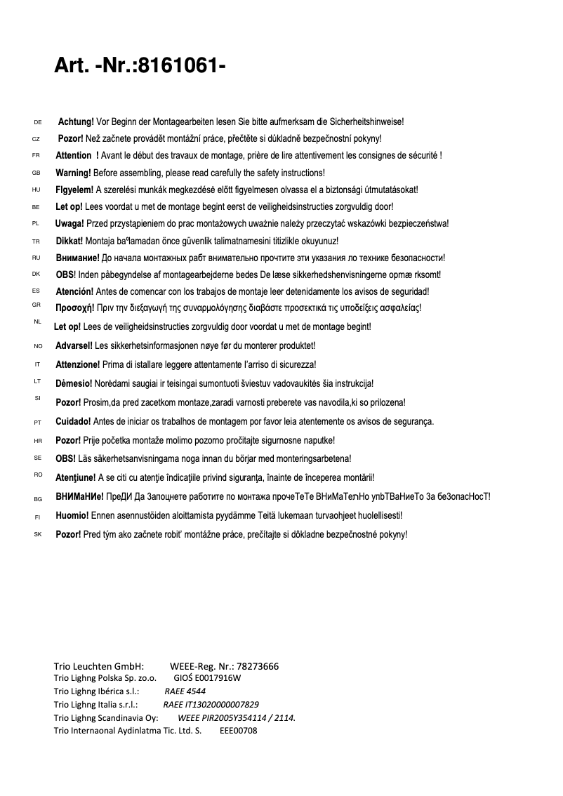 Page 1 de la notice Manuel utilisateur Trio Lighting Mercury 8161061-07