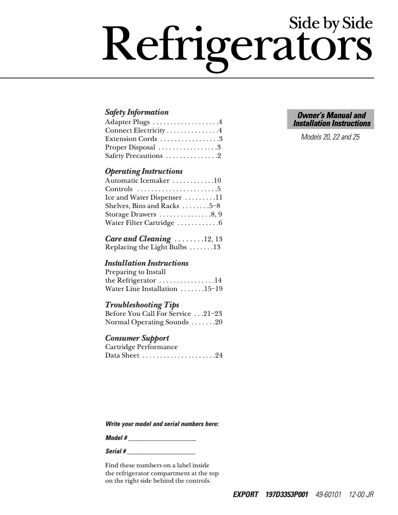 Page 1 of the manual Use and Maintenance Manual GE TFT20JABAA