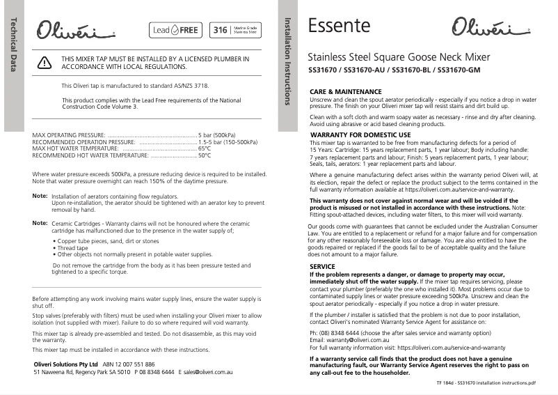 Page 1 de la notice Guide d'installation Oliveri Essente SS31670