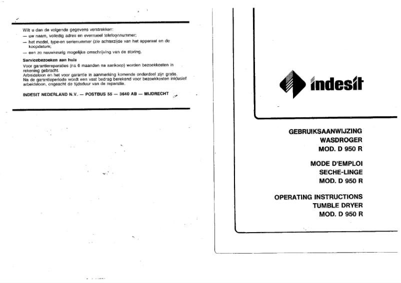 Page 1 de la notice Manuel utilisateur Indesit D 950 R