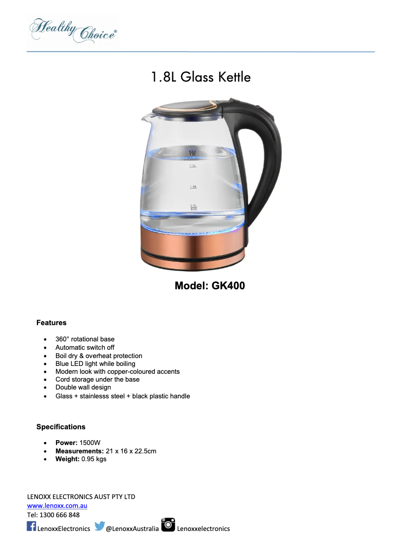 Page 1 de la notice Fiche technique Healthy Choice GK400