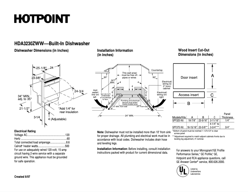 Page 1 de la notice Fiche technique GE HDA3230ZWW