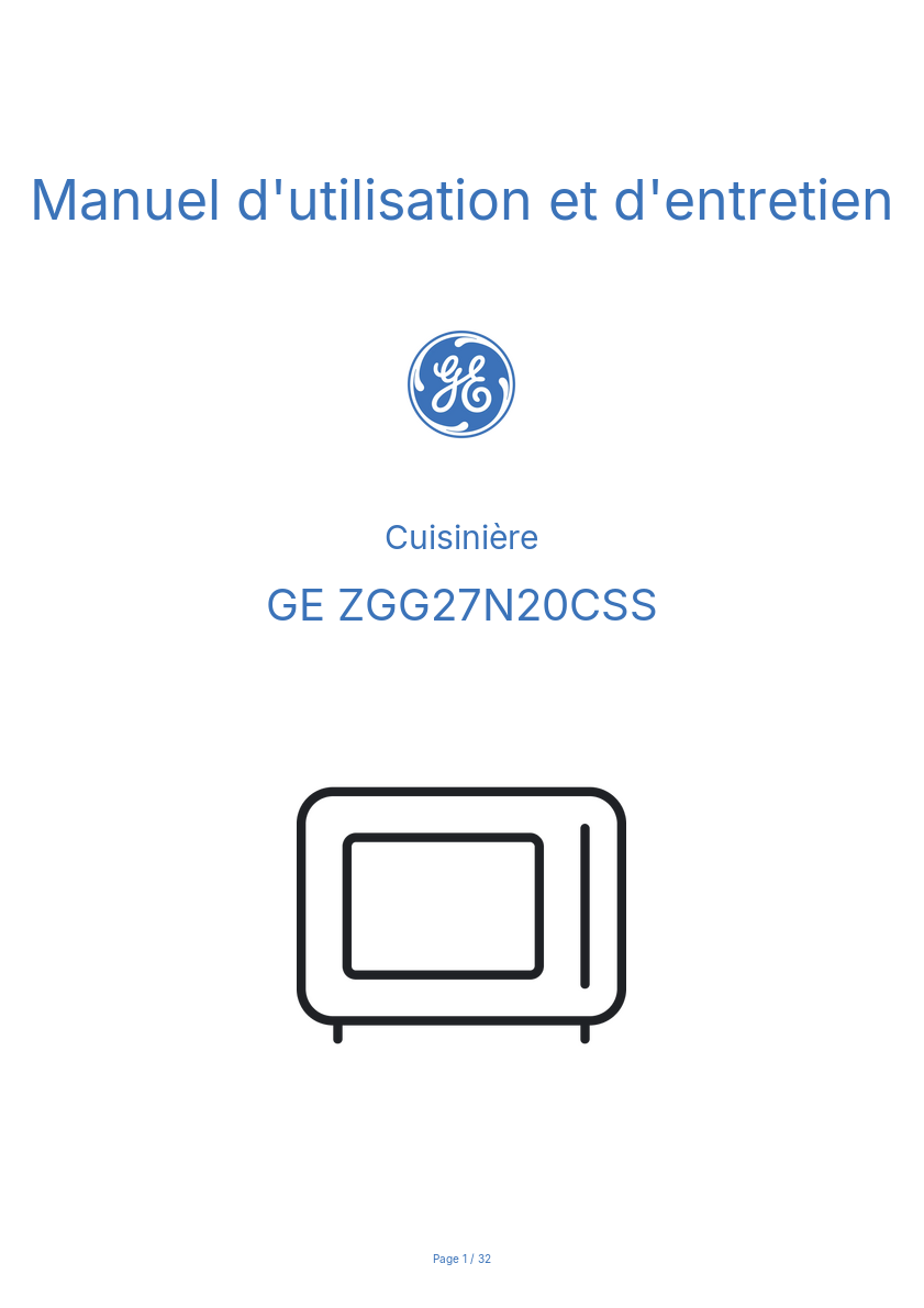 Page 1 de la notice Manuel d'utilisation et d'entretien GE ZGG27N20CSS