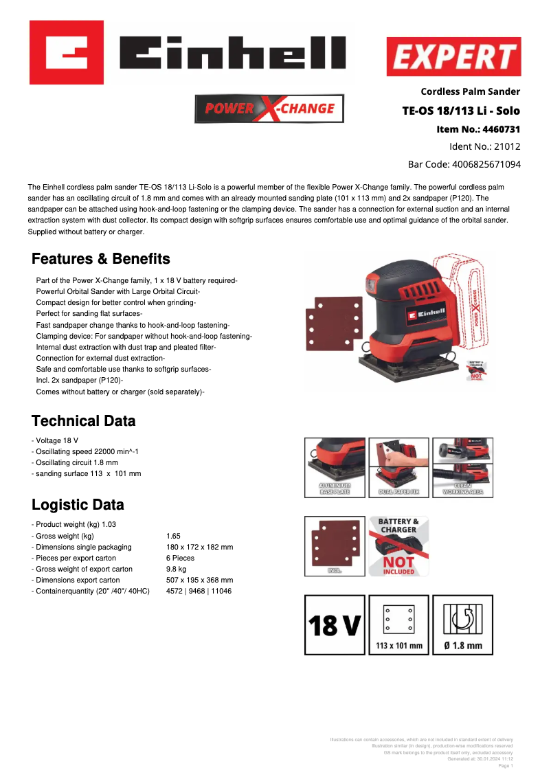 Page 1 de la notice Fiche technique Einhell TE-OS 18/113 Li