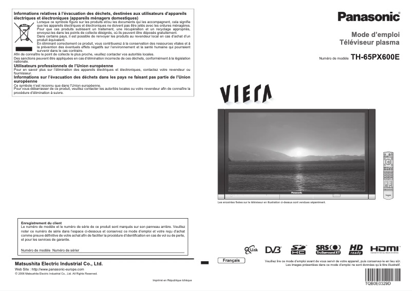 Page 1 de la notice Manuel utilisateur Panasonic TH-65PX600E