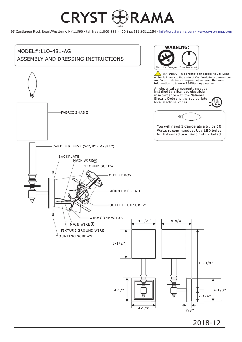 Page 1 de la notice Manuel utilisateur Crystorama Lloyd LLO-481-AG