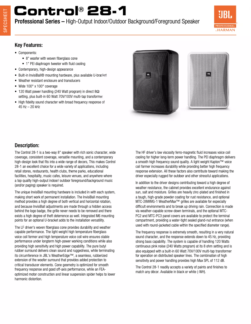 Página 1 del manual Ficha técnica JBL Control 28-1