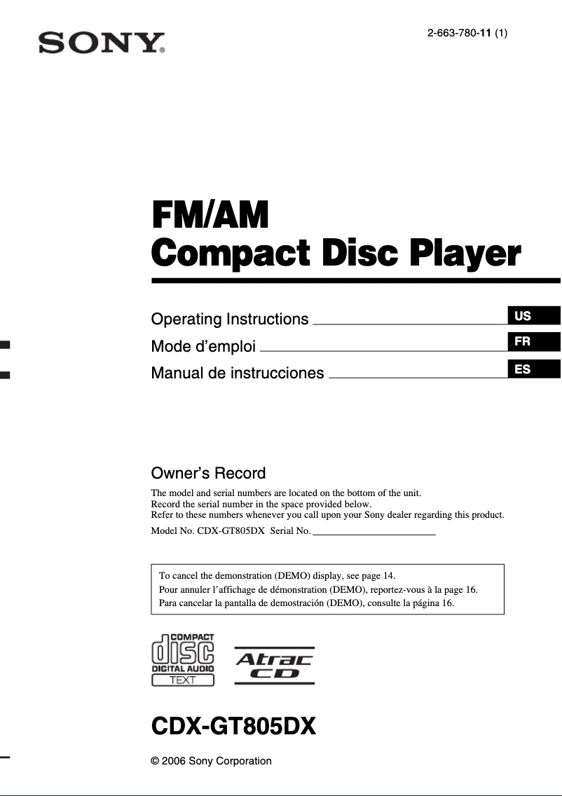 Page 1 de la notice Manuel utilisateur Sony CDX-GT805DX