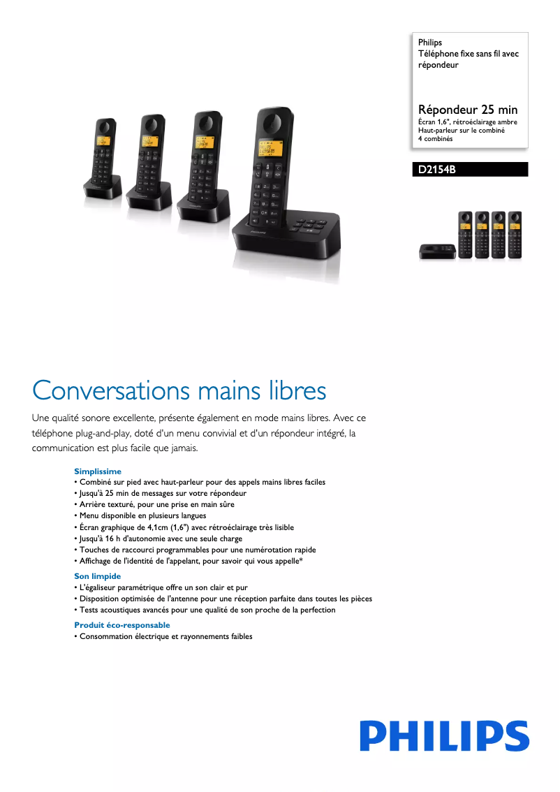 Page 1 of the manual Technical Sheet Philips D2154B