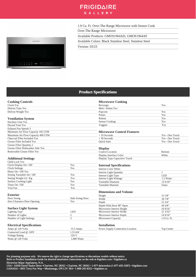 Page 1 de la notice Fiche technique Frigidaire GMOS1964AF