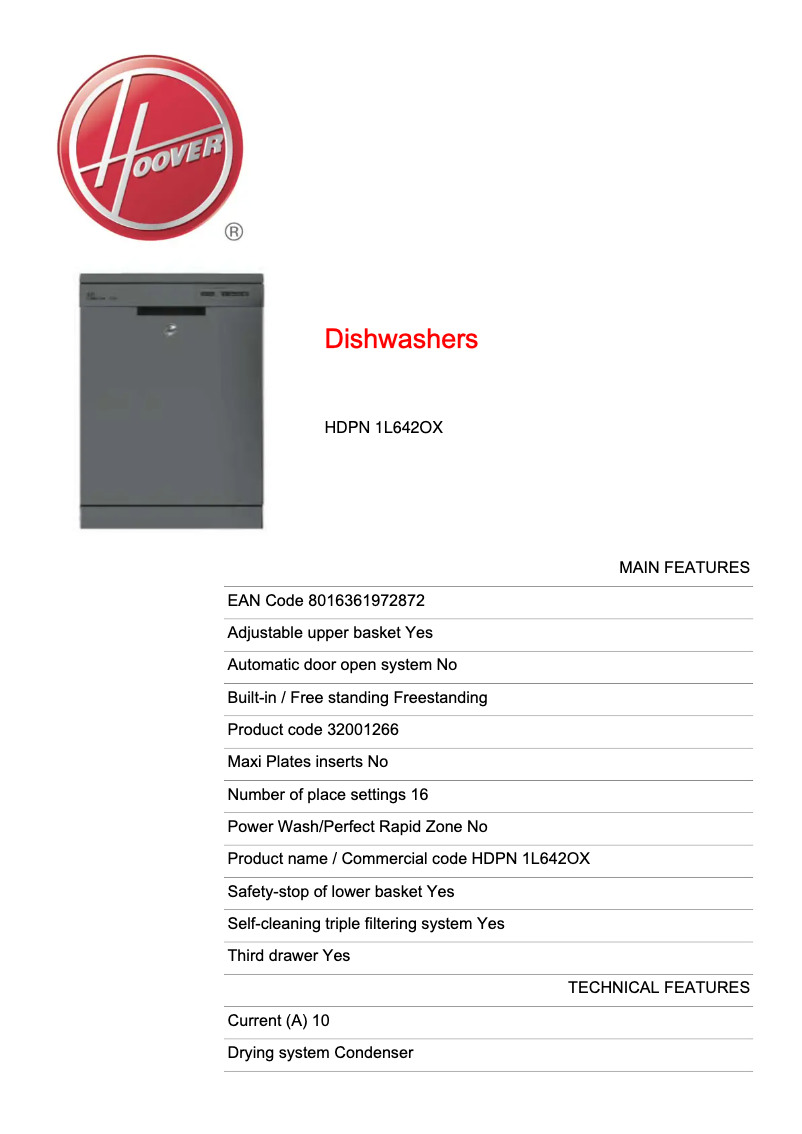 Página 1 del manual Ficha técnica Hoover HDPN 1L642OX-80