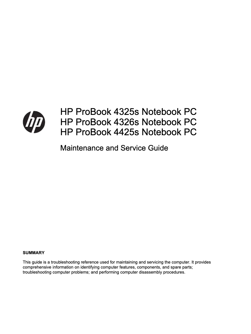 Page n°1 - Manuel d'utilisation et d'entretien HP ProBook 4425s