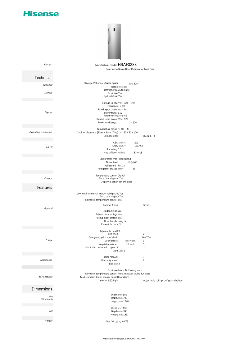 Page 1 de la notice Fiche technique Hisense HRAF328S