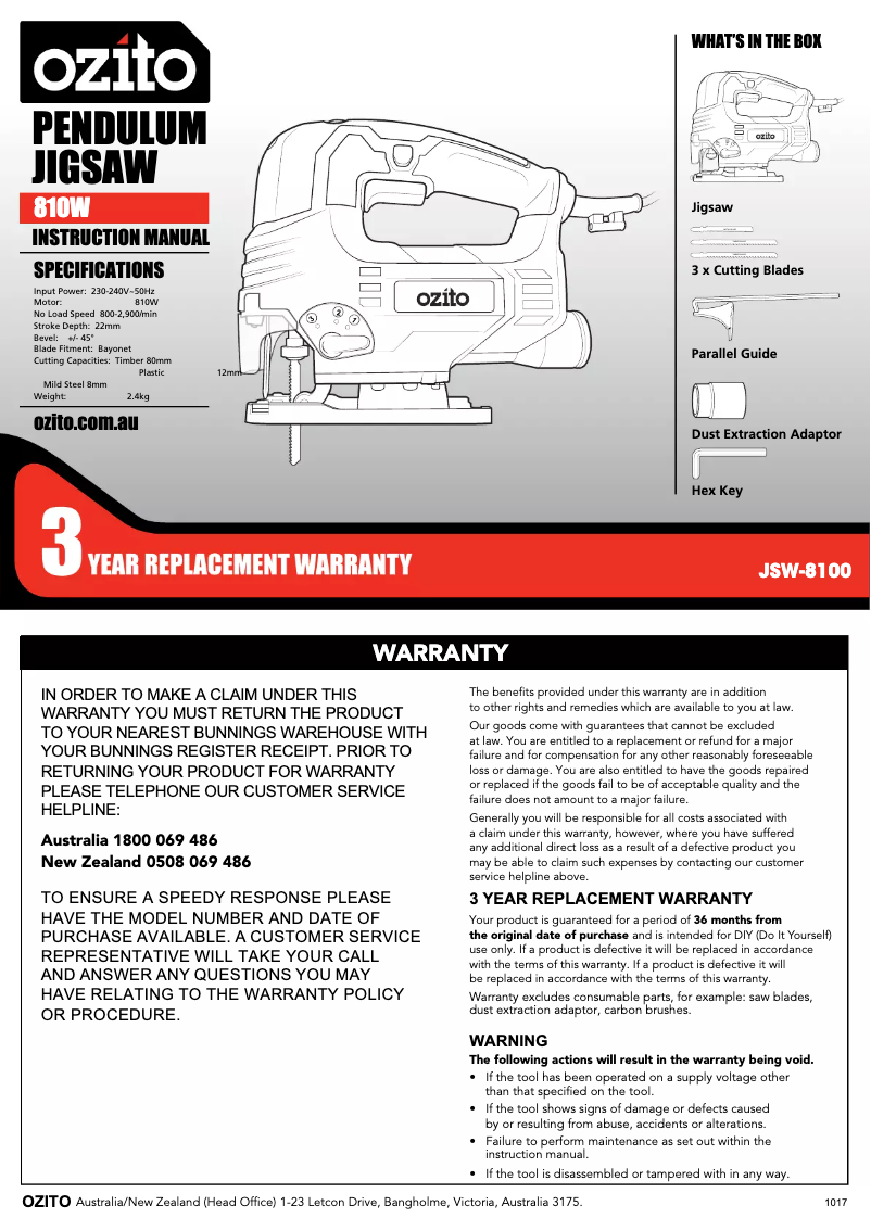 Page 1 de la notice Mode d'emploi Ozito JSW-8100
