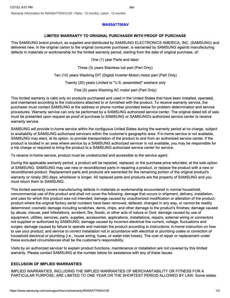 Página 1 del manual Información de garantía Samsung WA55A7700AV