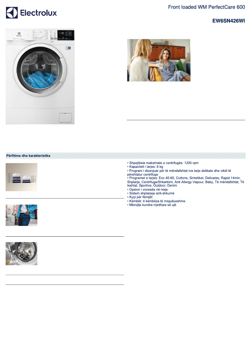 Page 1 de la notice Fiche technique Electrolux EW6SN426WI