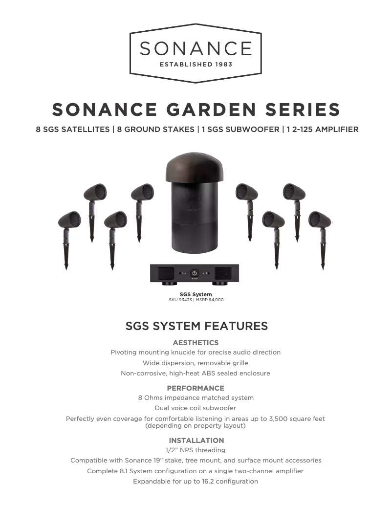 Page 1 de la notice Fiche technique Sonance Garden SGS Subwoofer