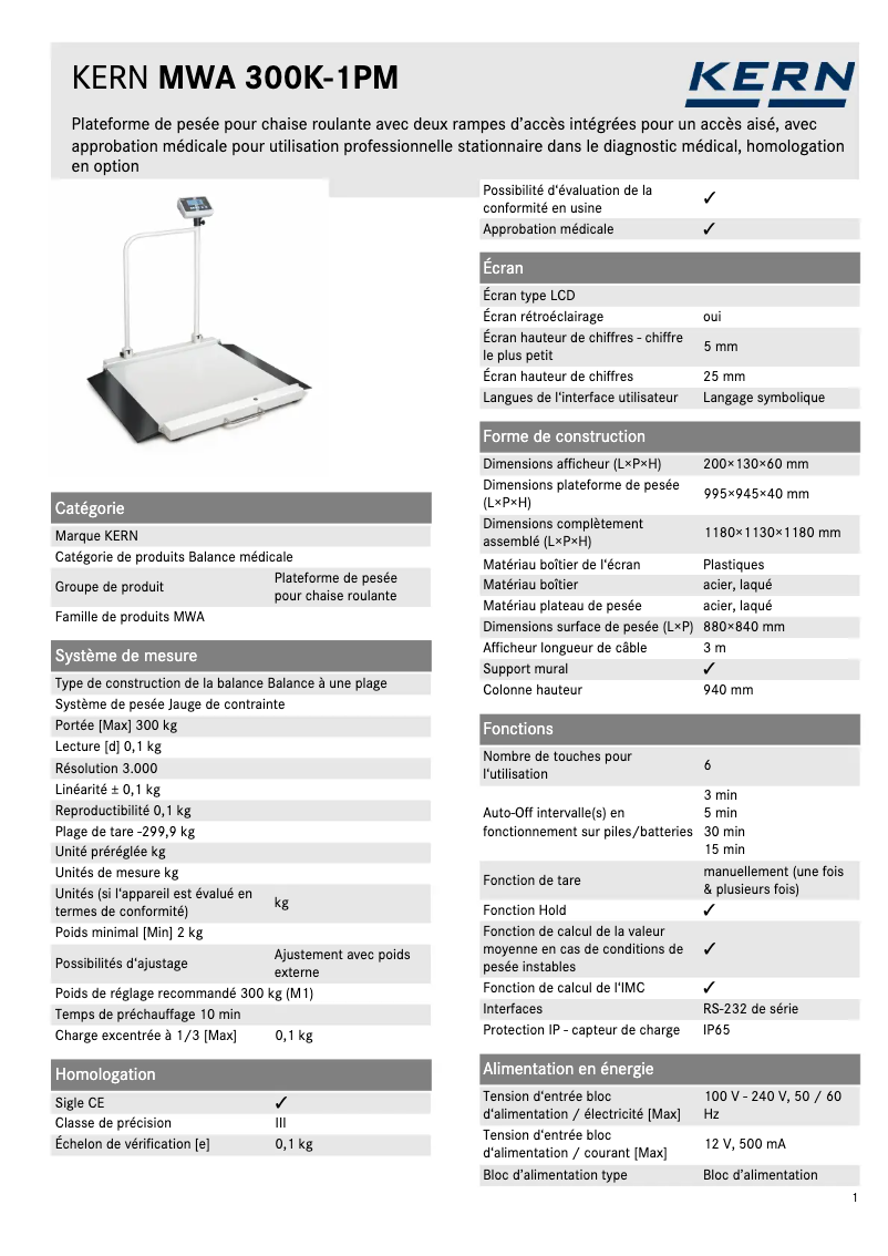 Page 1 de la notice Fiche technique Kern MWA 300K-1PNM