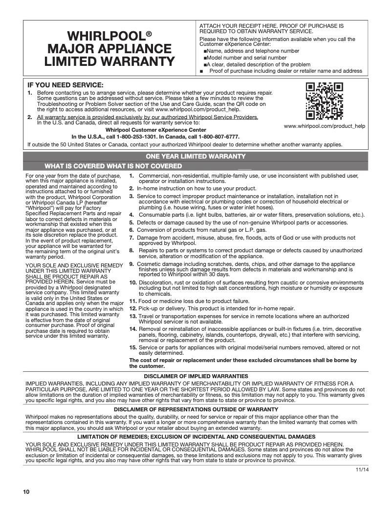 Page 1 de la notice Informations de garantie Whirlpool W5CE1522FB