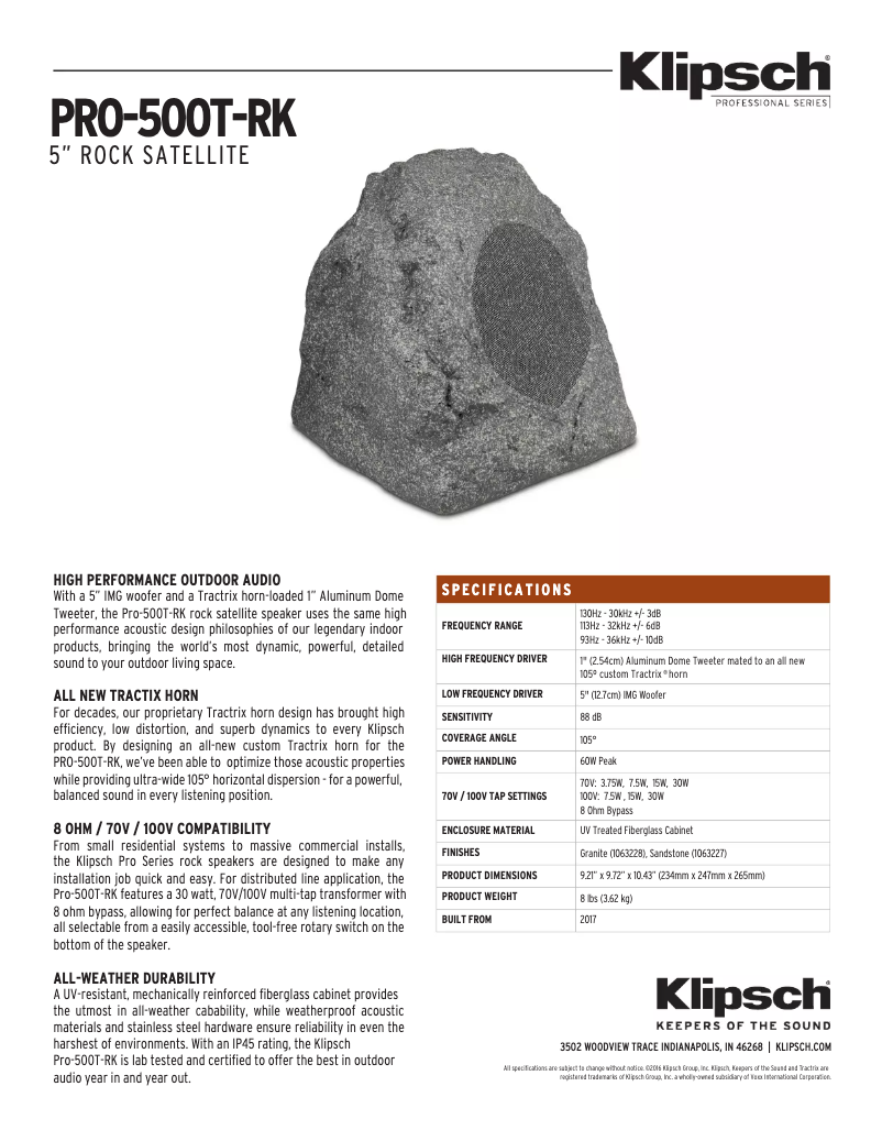 Page 1 de la notice Fiche technique Klipsch PRO-500T-RK