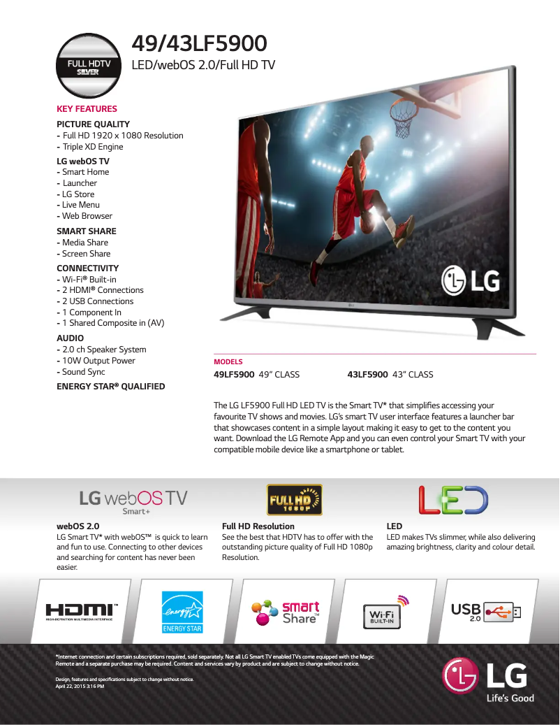 Page 1 de la notice Fiche technique LG 49LF5900