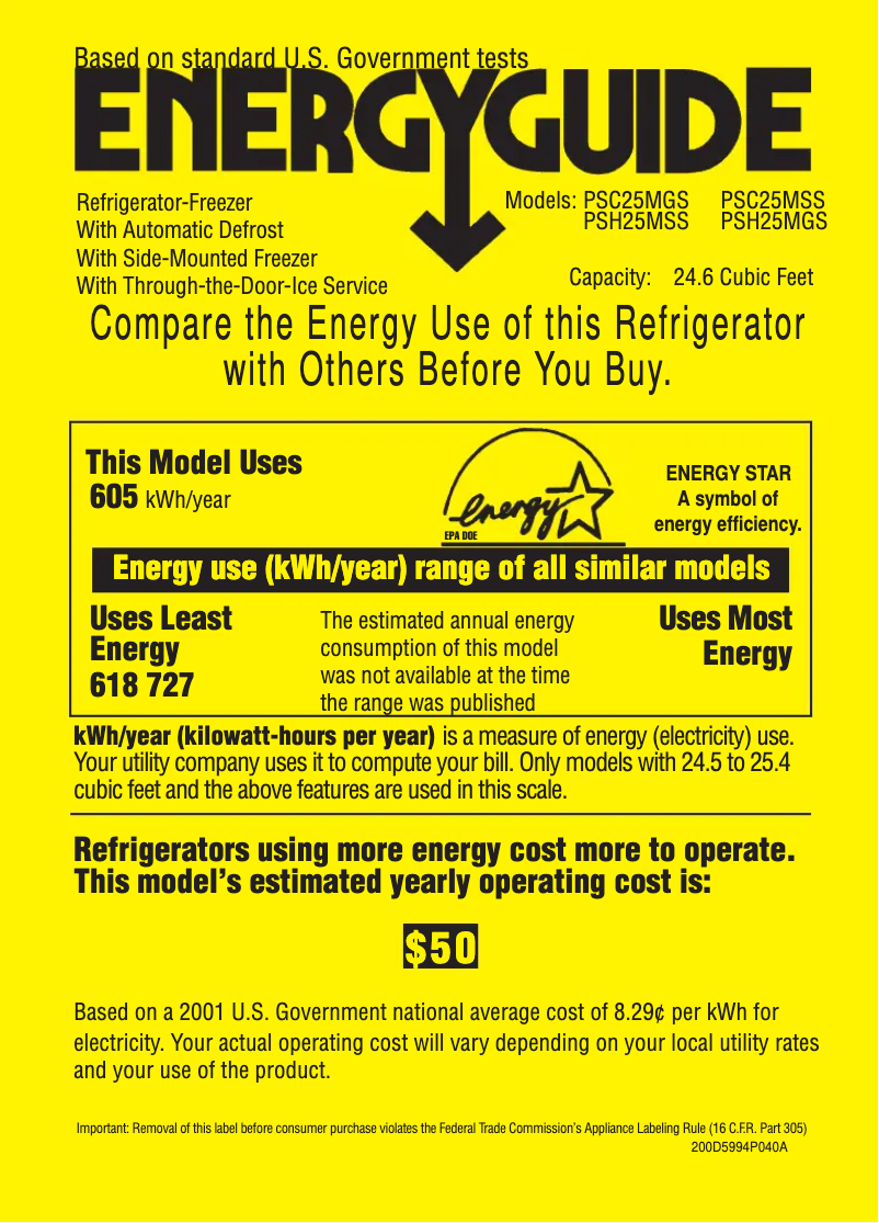 Page n°1 - Label énergétique GE Profile PSC25MSSSS