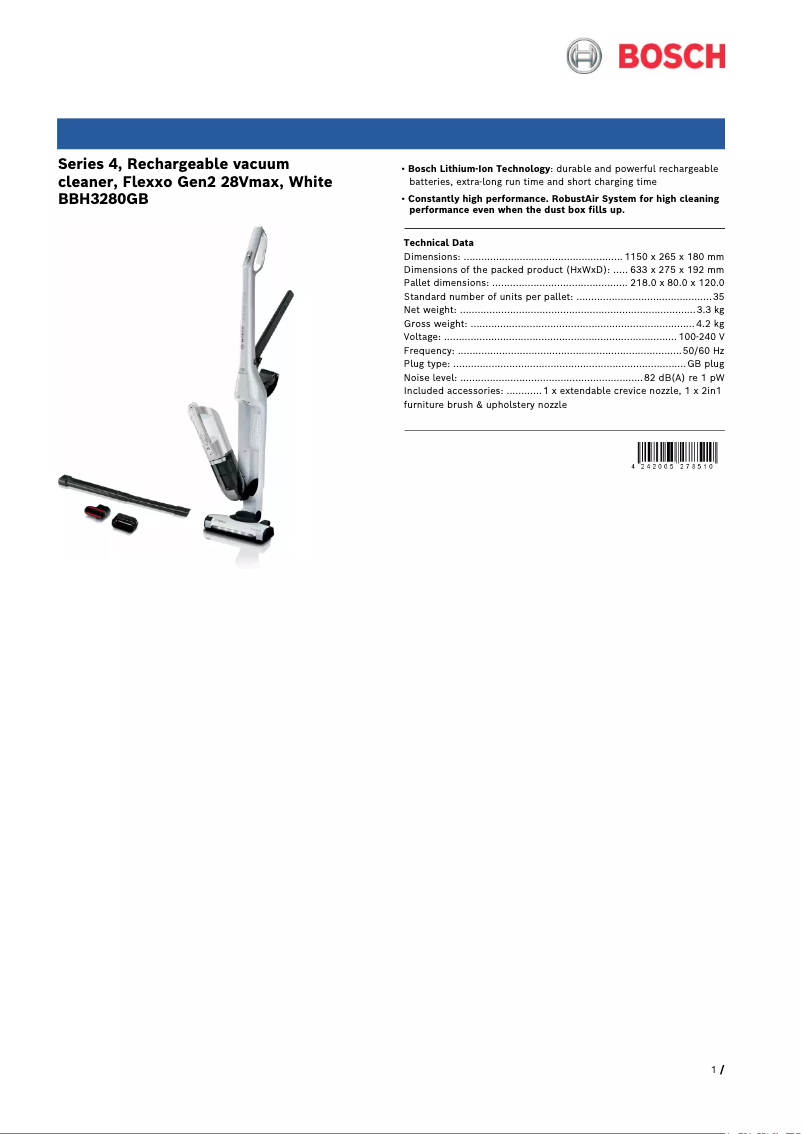 Page 1 of the manual Technical Sheet Bosch BBH3280GB