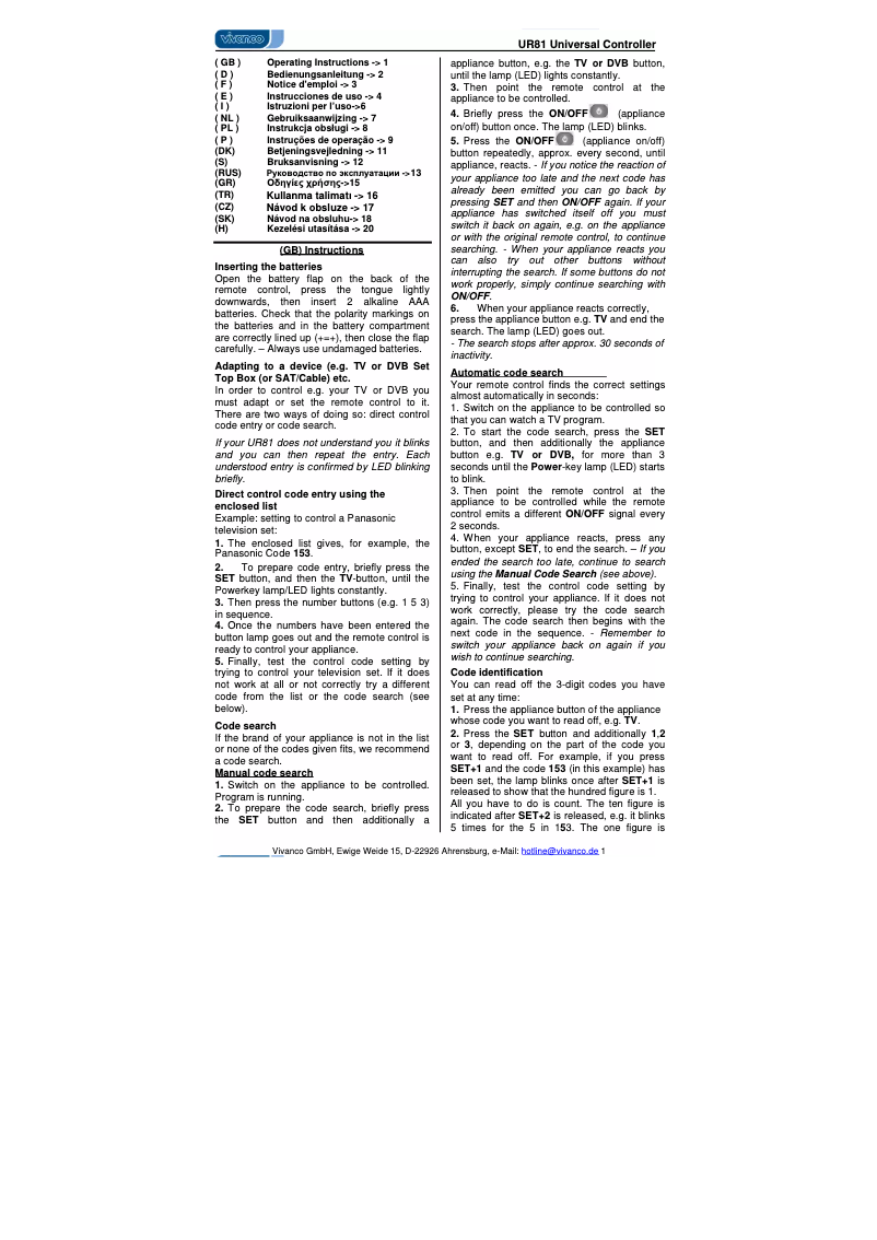 Page 1 de la notice Manuel utilisateur Vivanco 8in1 universal remote control