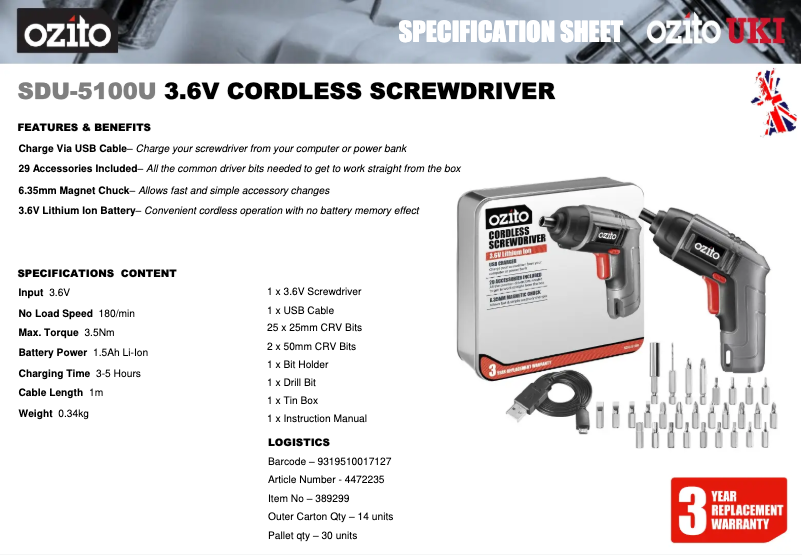 Page 1 of the manual Technical Sheet Ozito SDU-5100U