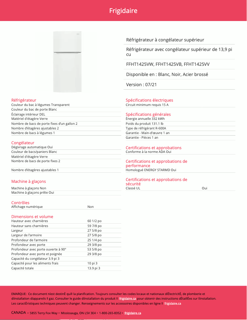 Página 1 del manual Ficha técnica Frigidaire FFHT1425VV