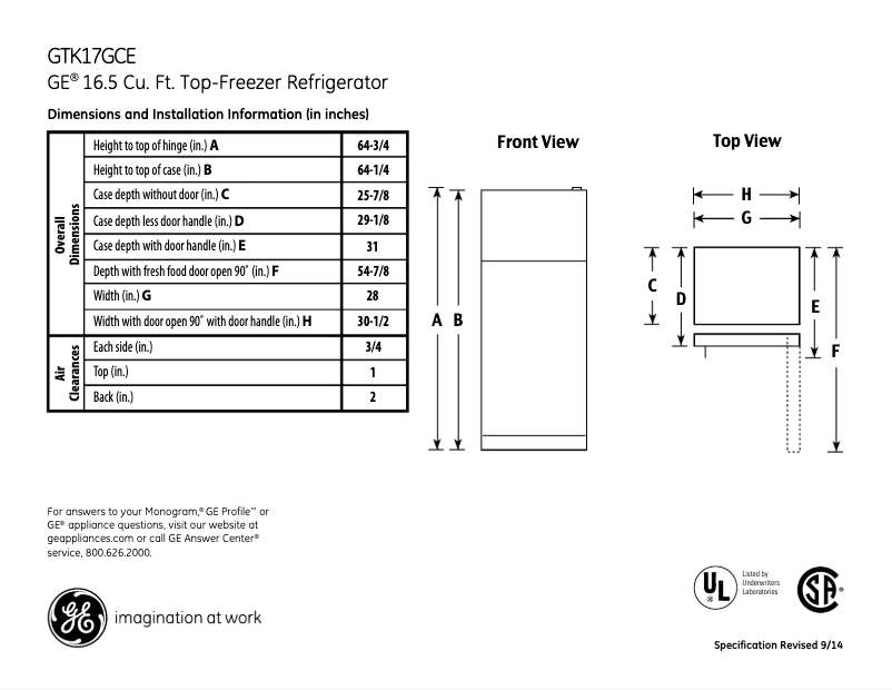Page 1 de la notice Fiche technique GE GTK17GCEBS