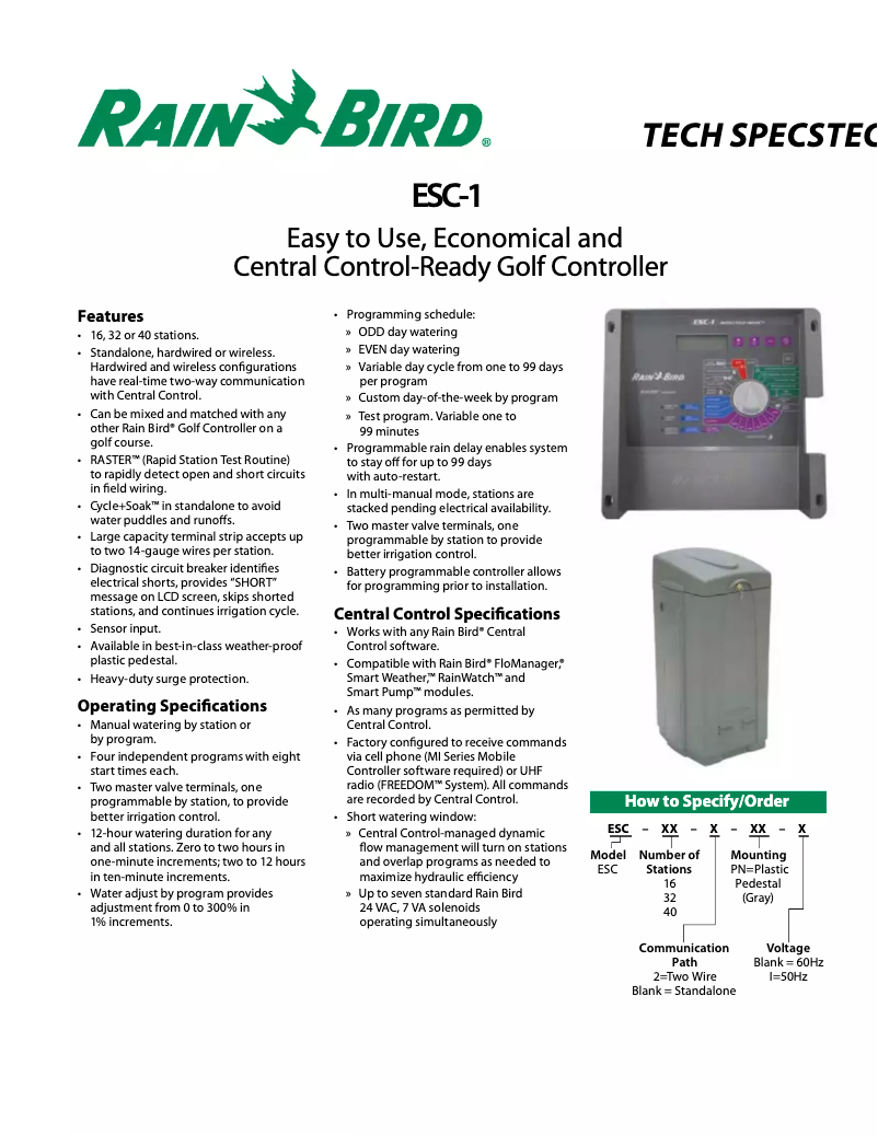 Page 1 de la notice Fiche technique Rain Bird ESC-1