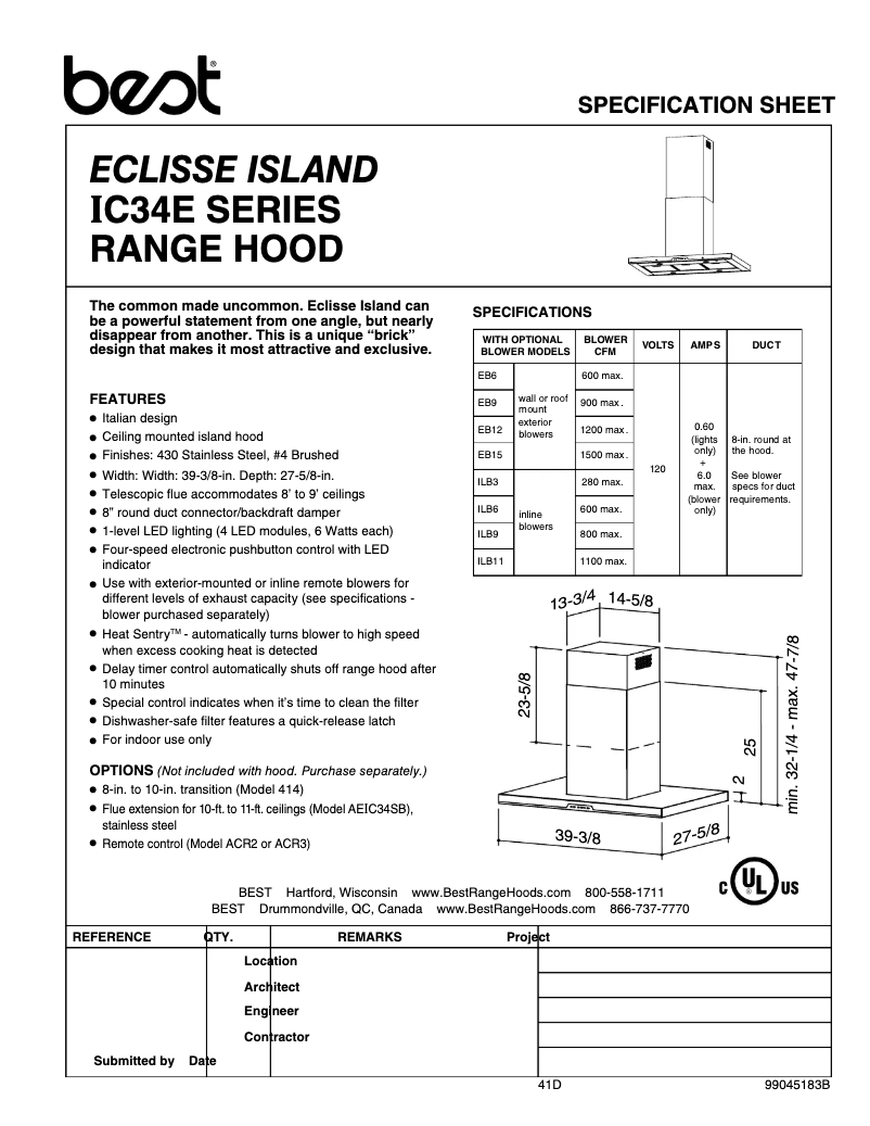 Page 1 de la notice Fiche technique Best Eclisse Island IC34E100SB