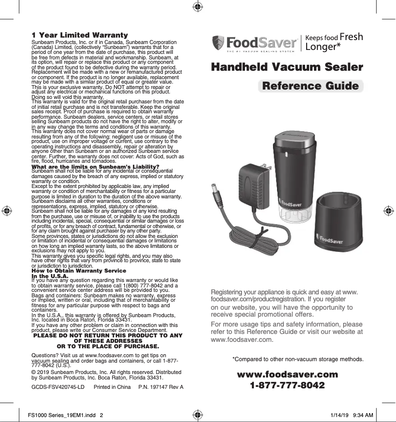 Page 1 de la notice Manuel utilisateur FoodSaver V1100