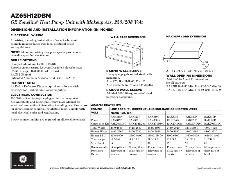 Page n°1 - Fiche technique GE AZ65H12DBM
