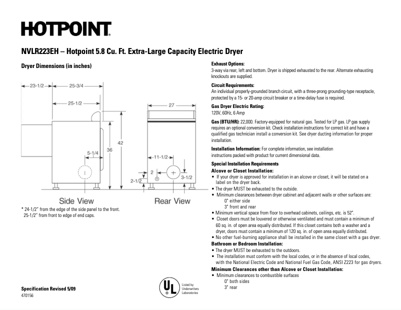 Page 1 de la notice Fiche technique Hotpoint NVLR223EHWO